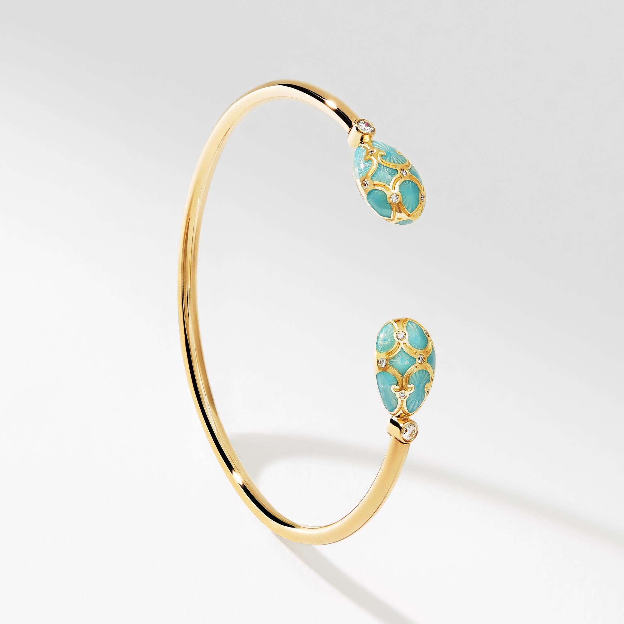 Round Cut Fabergé Palais 18K Yellow Gold Diamond Open Bracelet with Turquoise Enamel For Sale