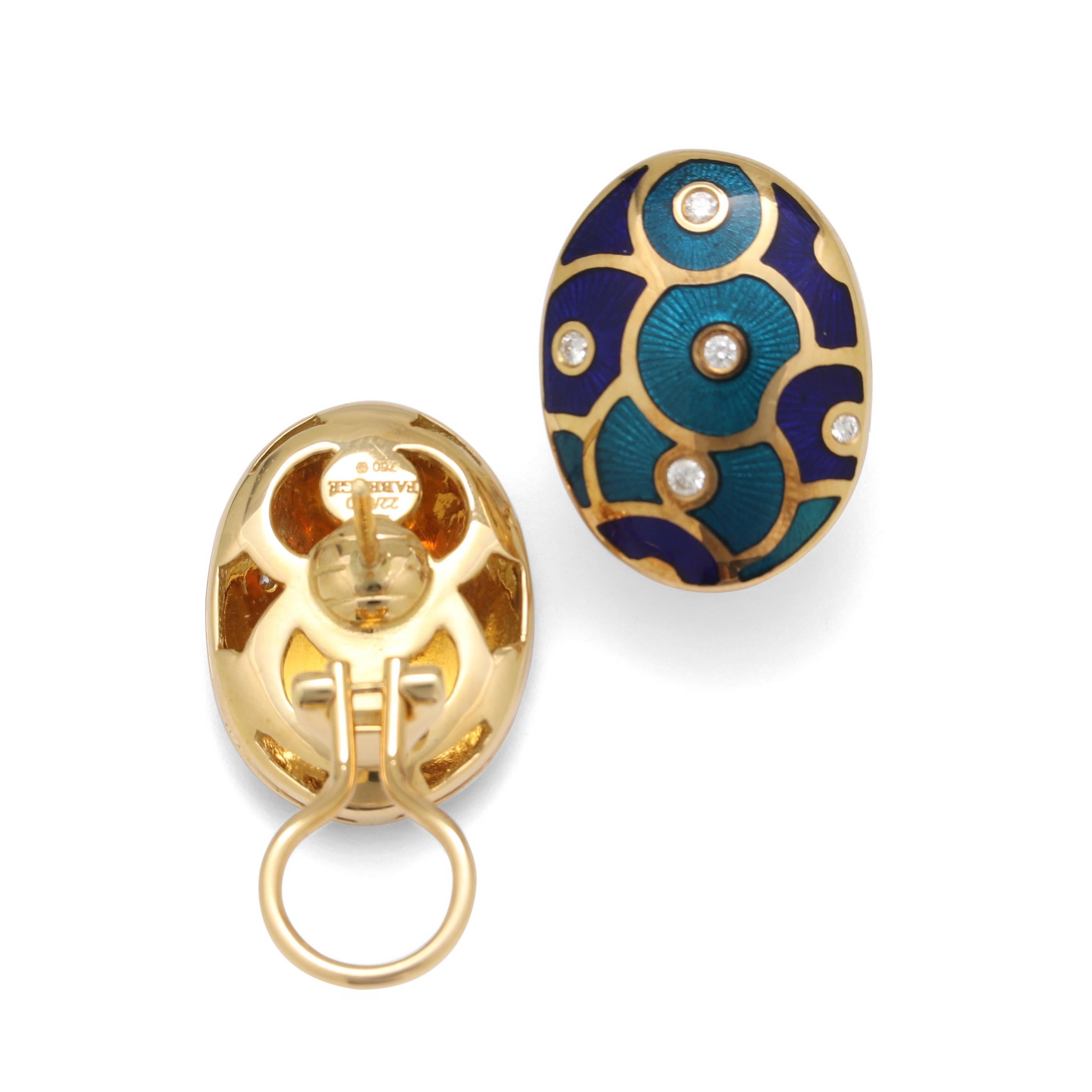 Fabergé Paraplui  18k gold enamel earrings - diamonds total 0,150 ct

For two decades (1989 to 2009) the renowned German jewellery firm VICTOR MAYER was au-thorised to create exquisite Fabergé jewels and objects of art under worldwide exclusive