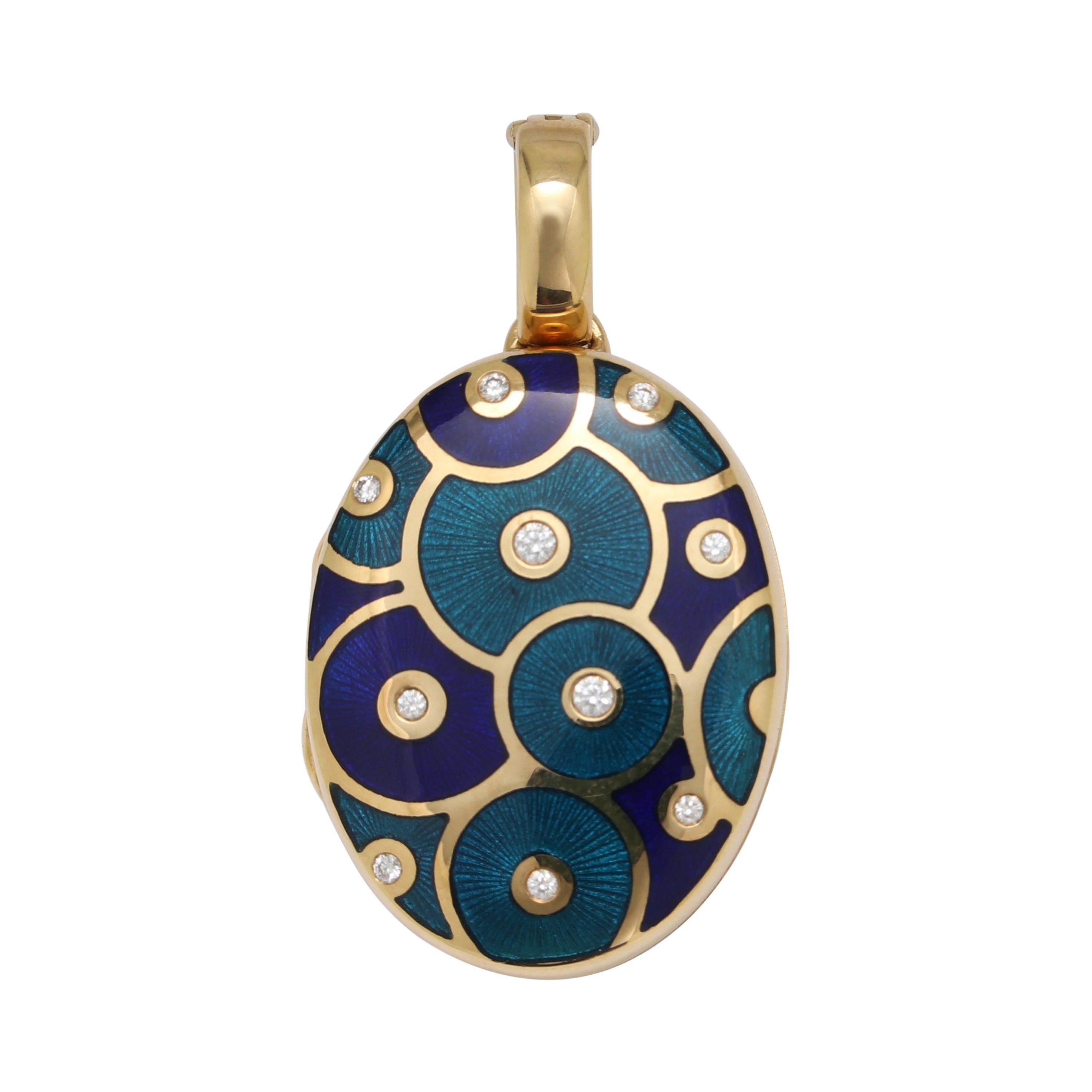 Fabergé or jaune 18k pendentif médaillon ovale en émail bleu 10 diamants total 0, 12c