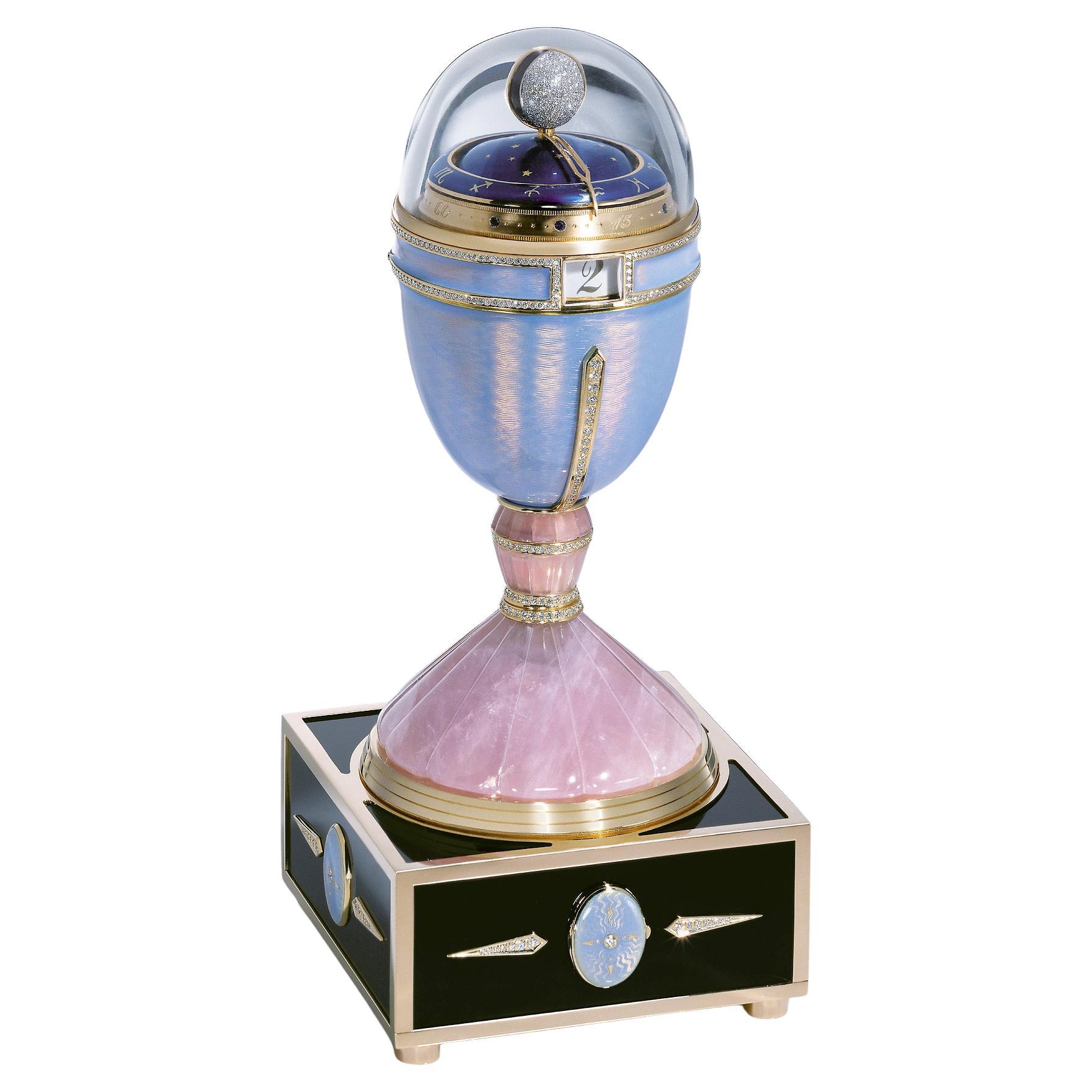 Fabergé "Phases of the Moon" Clock Egg, 18k Gold, Enamel, Diamonds, Rock Crystal For Sale