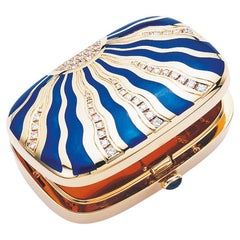 Fabergé Pill Box, 18k Yellow Gold, Blue Guilloche Enamel, 51 Diamonds, Sapphire