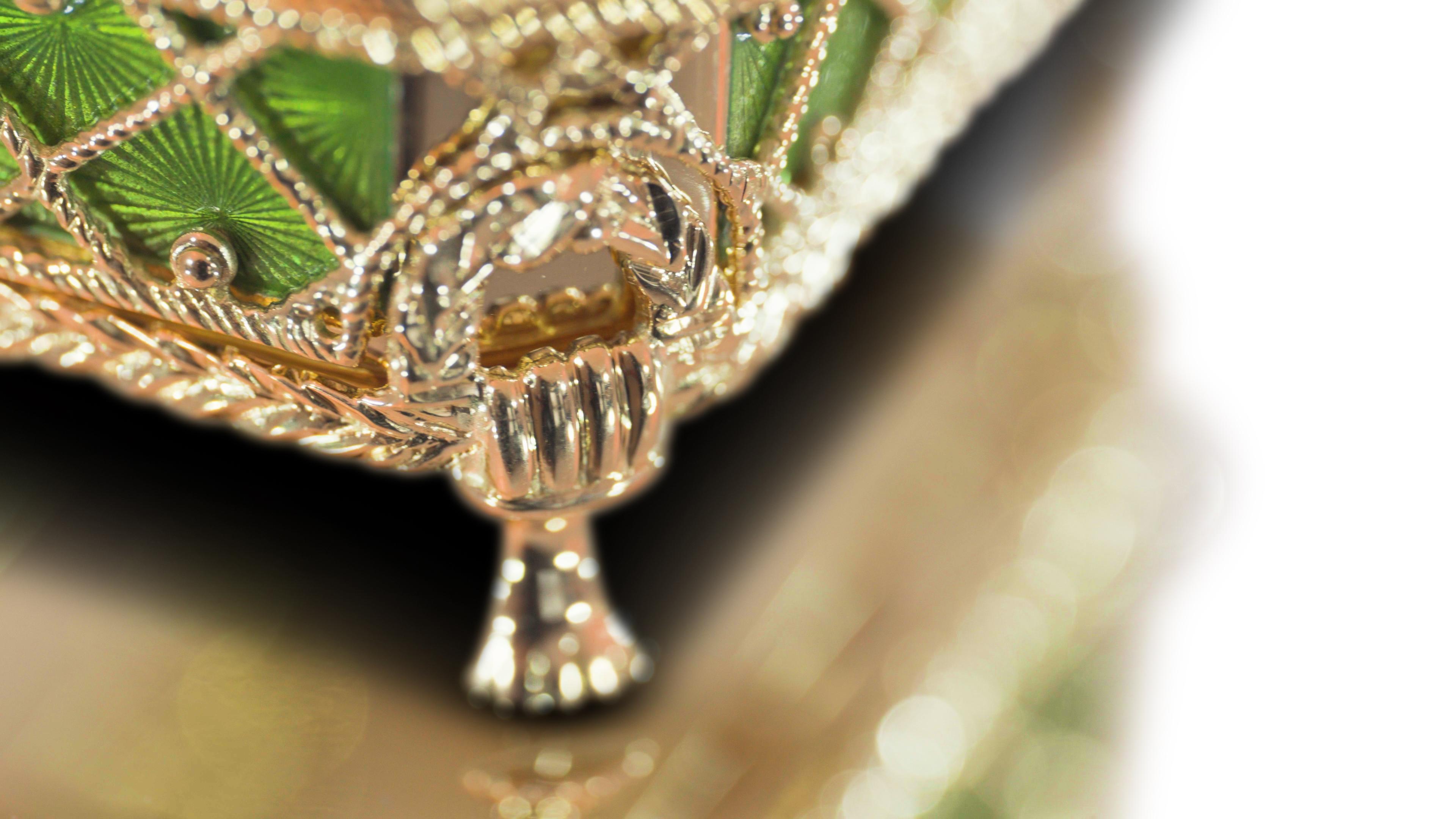 Belle Époque Fabergé Pill Box 18K Yellow Gold Green Enamel 12 Diamonds and 16 Rubies