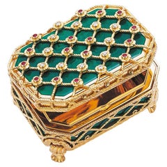 Fabergé Pill Box 18K Yellow Gold Green Enamel 12 Diamonds and 16 Rubies