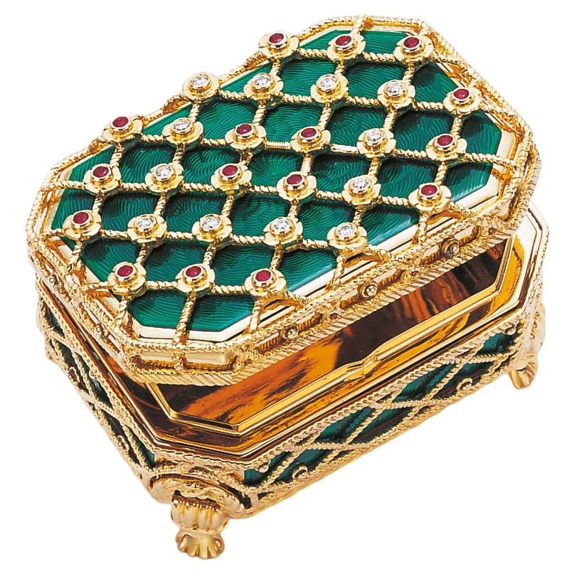 Fabergé Pill Box 18K Yellow Gold Green GuillocheEnamel 12 Diamonds & 16 Rubies