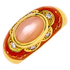 Faberge Pink Moonstone Ring with Diamond in 18 Karat Yellow Gold