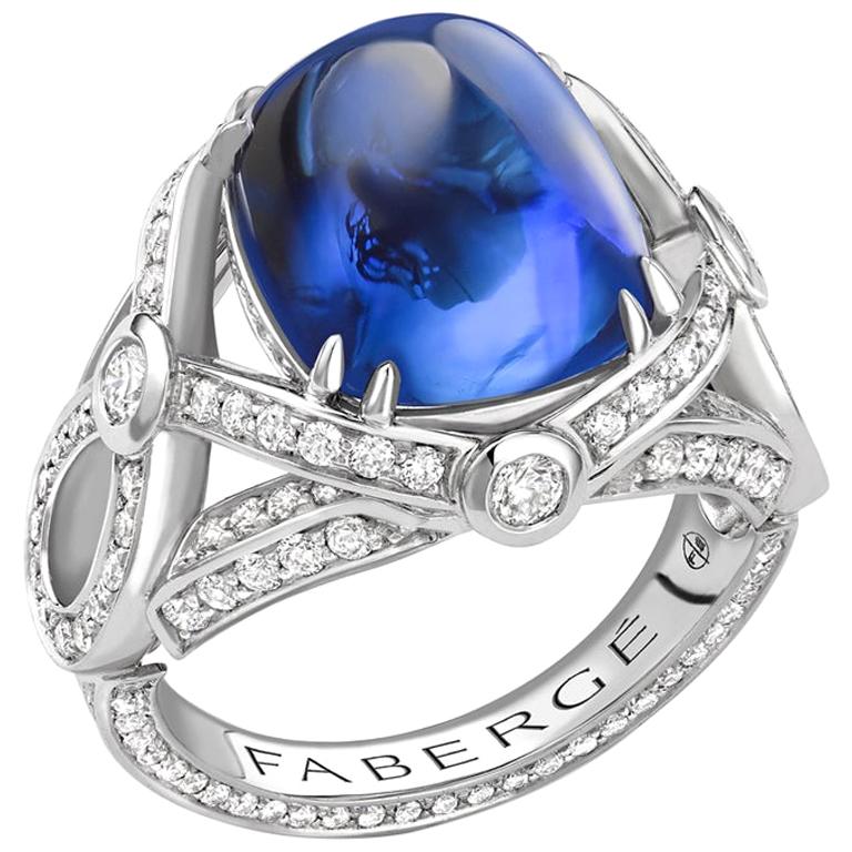 Fabergé Platinum 11.21ct Royal Blue Sugarloaf Sapphire Ring Set, US Clients For Sale