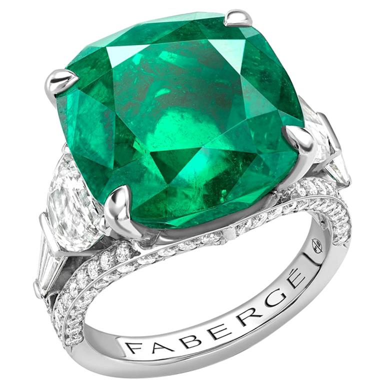 Fabergé Platinum 13.69ct Cushion Cut Emerald Ring Set With White Diamonds For Sale