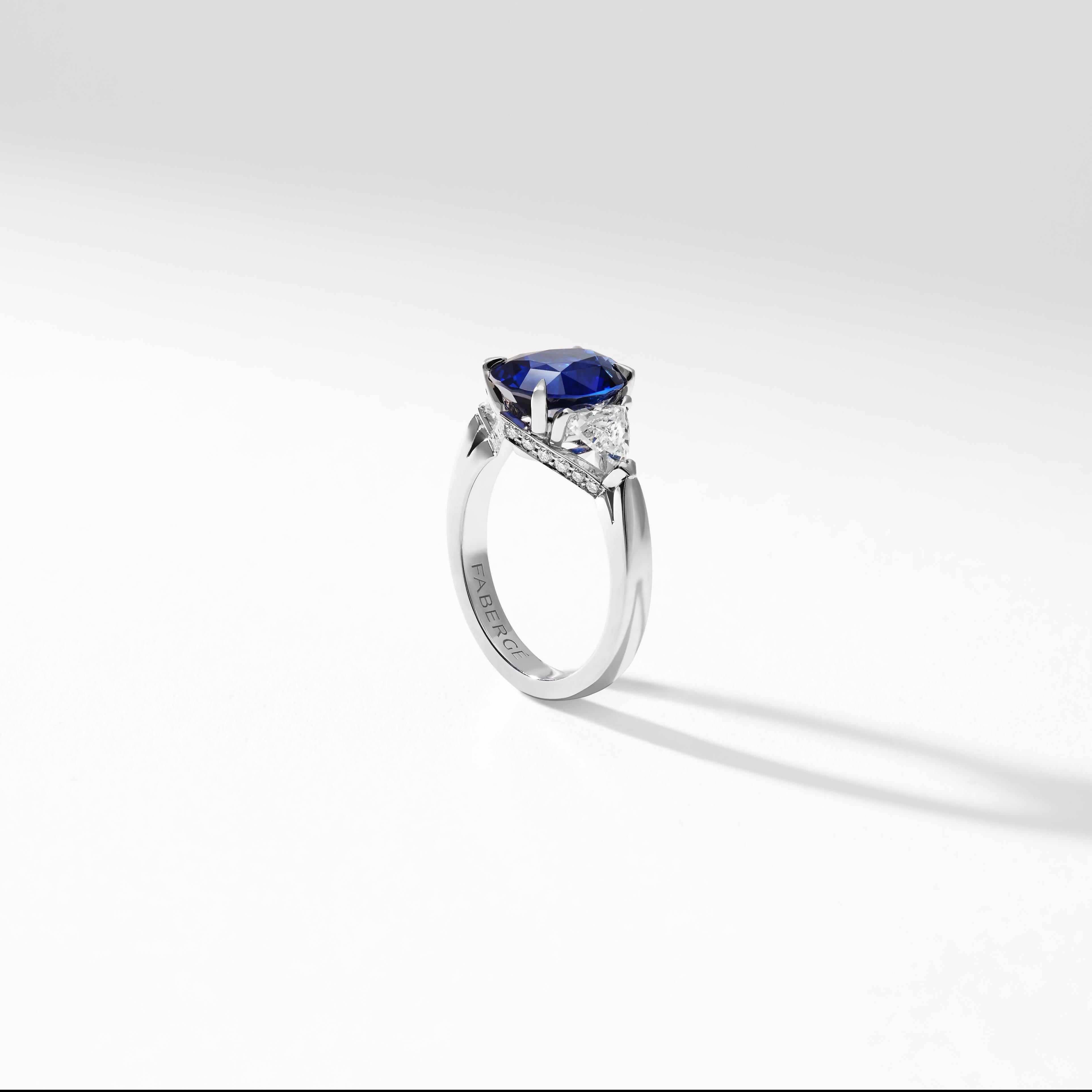 Fabergé Platinum Oval 5.12ct Royal Blue Sapphire Ring Set With White Diamonds For Sale 1