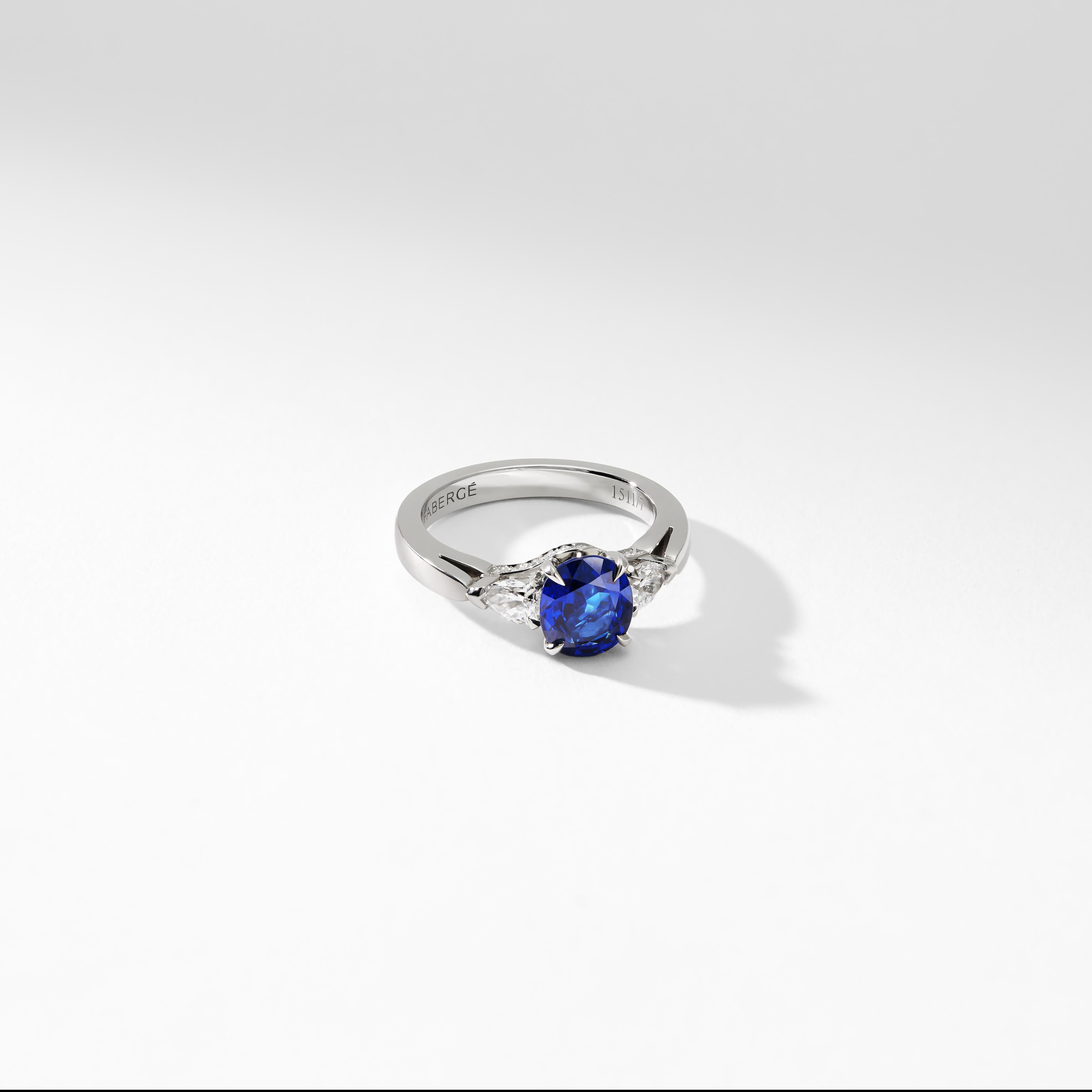 Women's Fabergé Platinum Oval Blue Sapphire Ring With Pear Shaped & Round White Diamonds For Sale