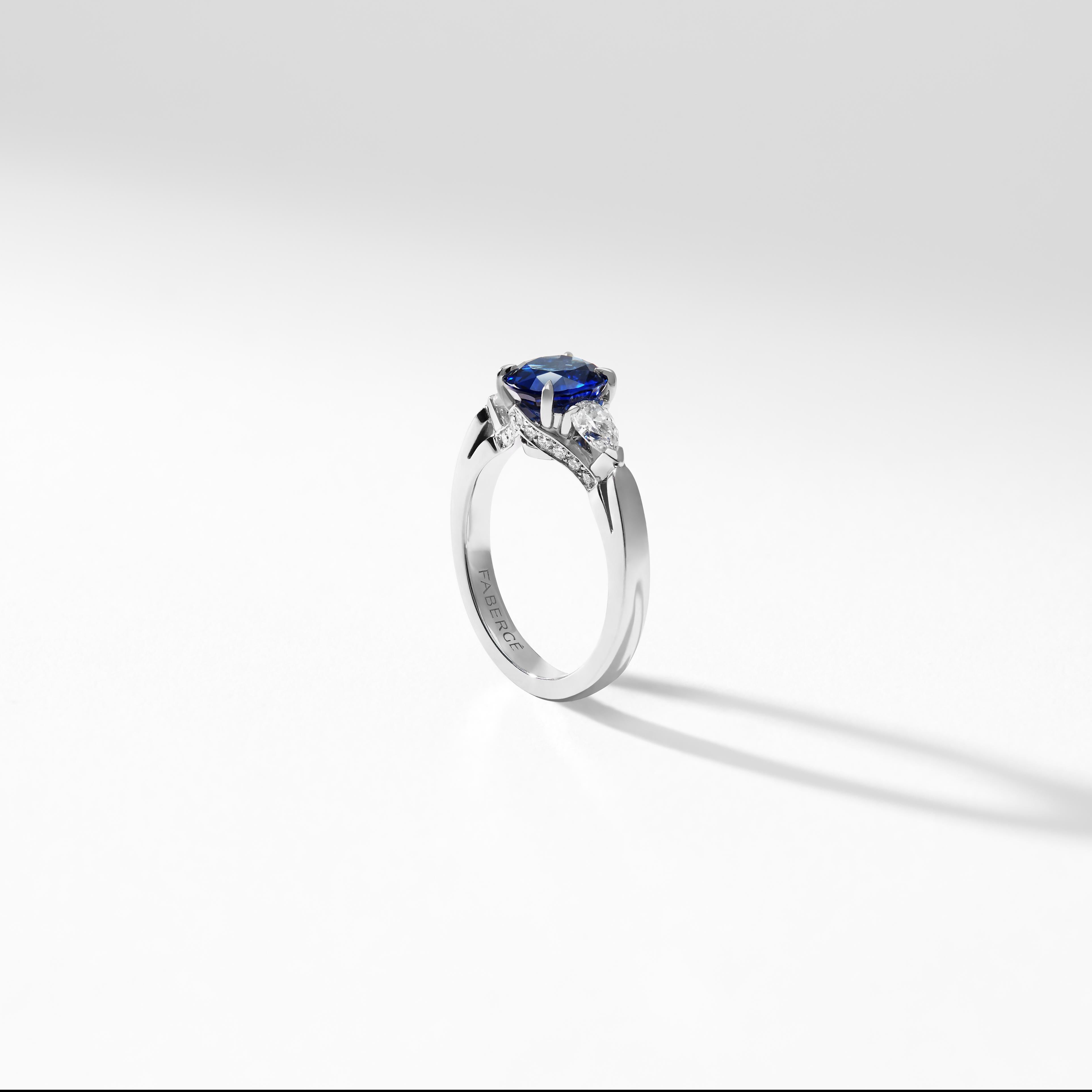 Fabergé Platinum Oval Blue Sapphire Ring With Pear Shaped & Round White Diamonds For Sale 1