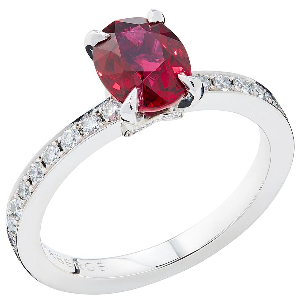 Fabergé Platinum Oval Ruby and Diamond Chevron Ring For Sale