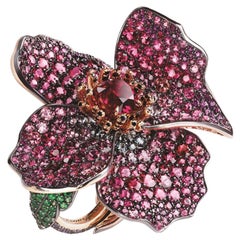 Used Fabergé Poppy 18K Gold & Silver Spinel Flower Ring w/ Colored Garnets US Clients