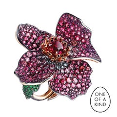 Used Fabergé Poppy 18K Gold & Silver Spinel Flower Ring With Coloured Garnets