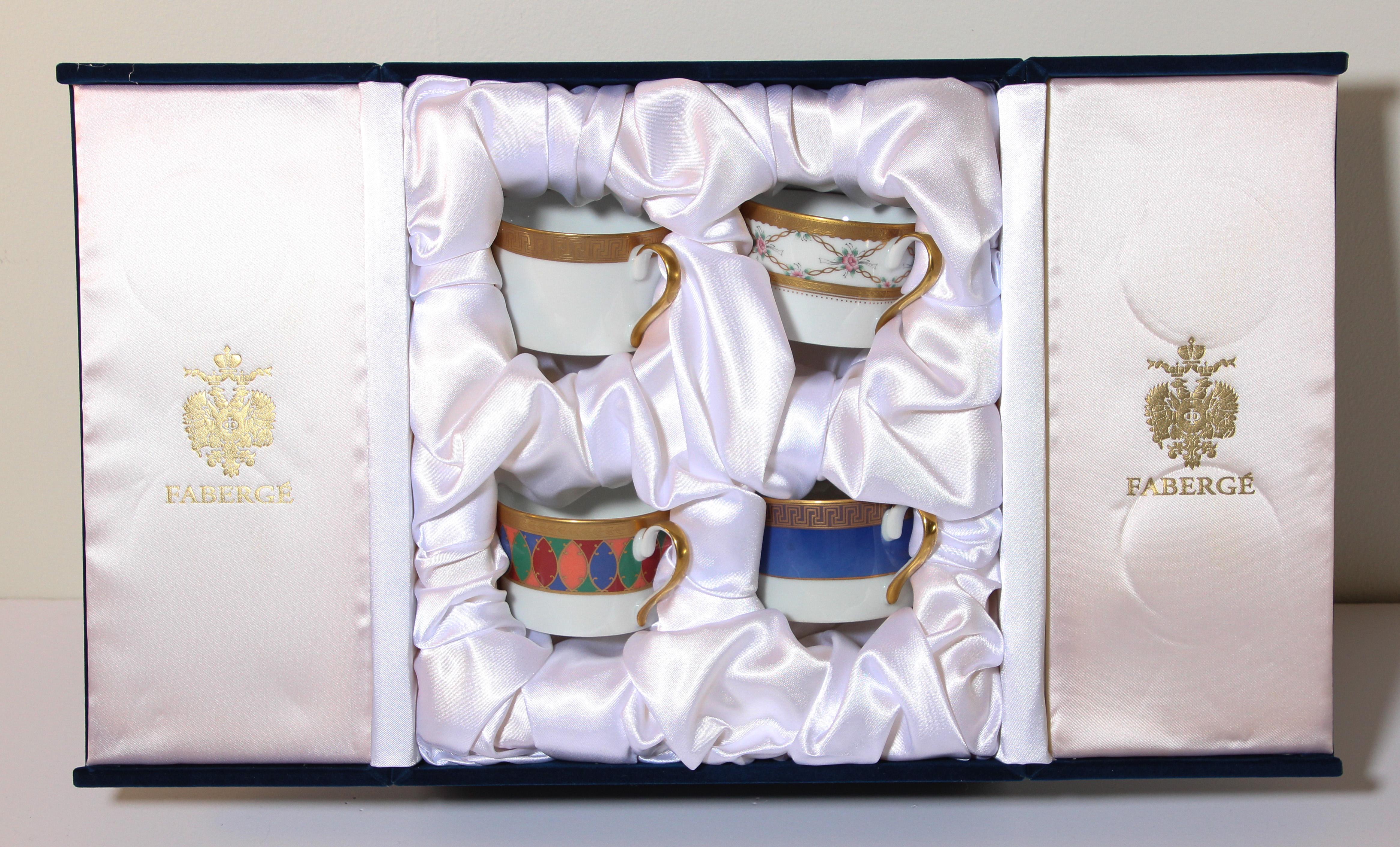 Fabergé Porzellan Tee- und Kaffeetassen Vierer-Set im Samt-Etui (Empire) im Angebot