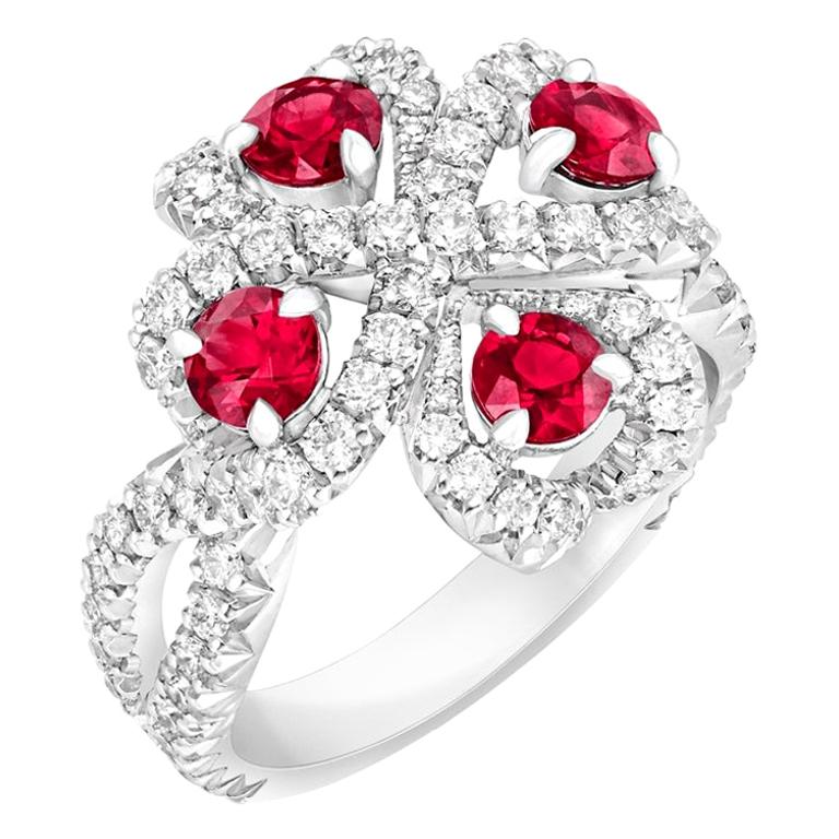 Fabergé Quadrille 18 Karat White Gold Diamond and Ruby Ring, US Clients For Sale