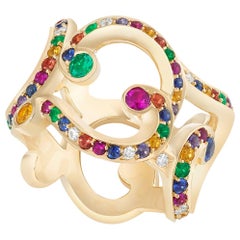 Fabergé Rococo 18 Karat Polished Gold Wide Diamond and Gemstone Ring, US Clients