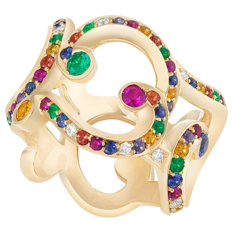 Fabergé Rococo 18 Karat Polished Gold Wide Diamond and Gemstone Ring ...