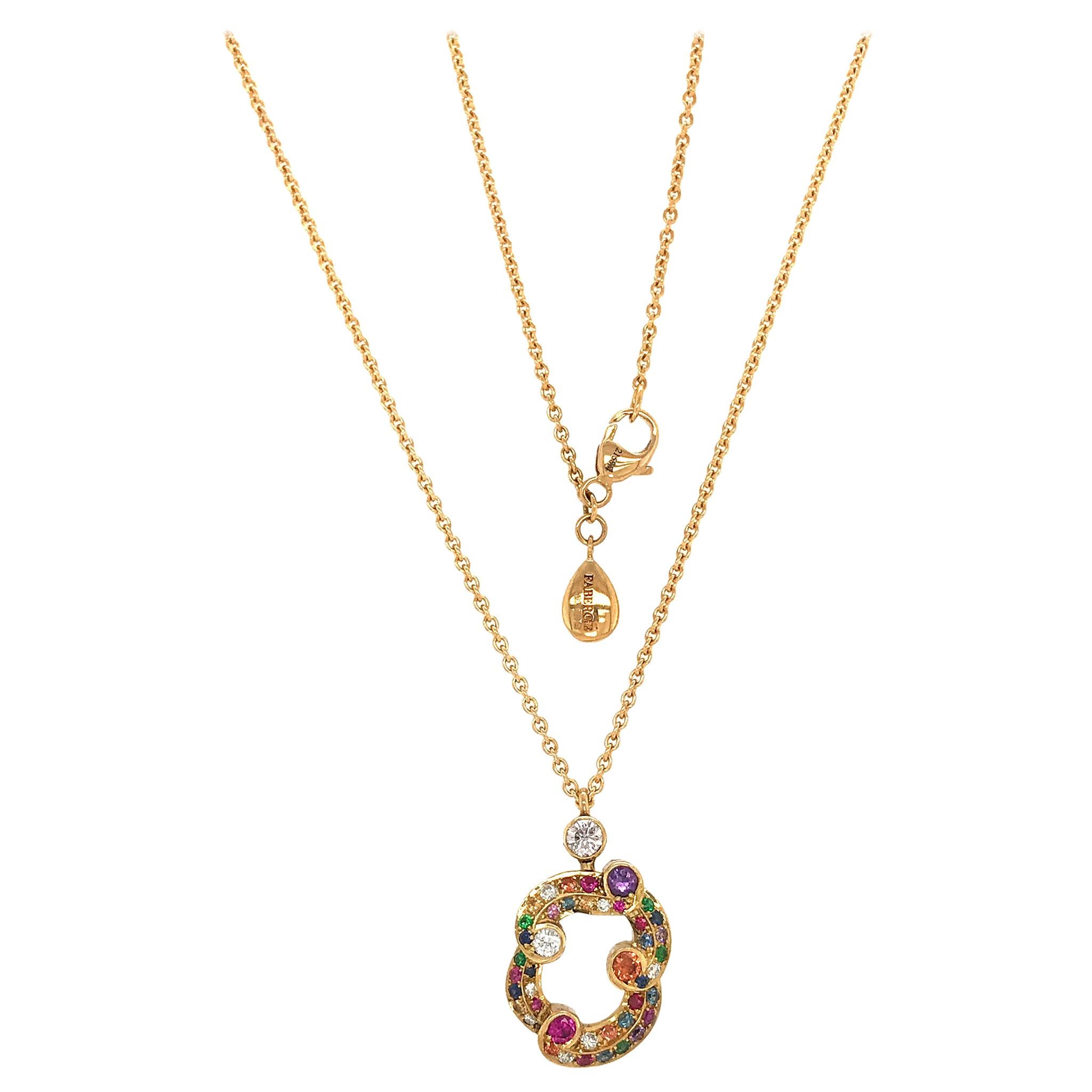 Modern Fabergé Rococo 18 Karat Yellow Gold Multicolored Pendant Necklace For Sale