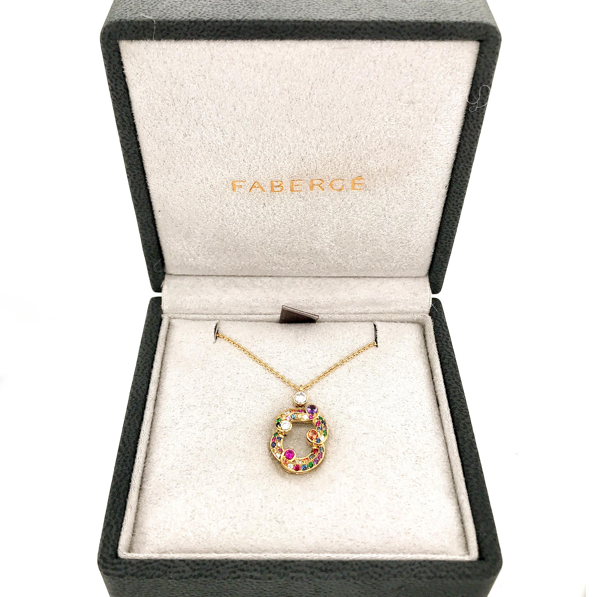 Art Deco Modern Fabergé Rococo 18 Karat Yellow Gold Multicolored Pendant Necklace For Sale