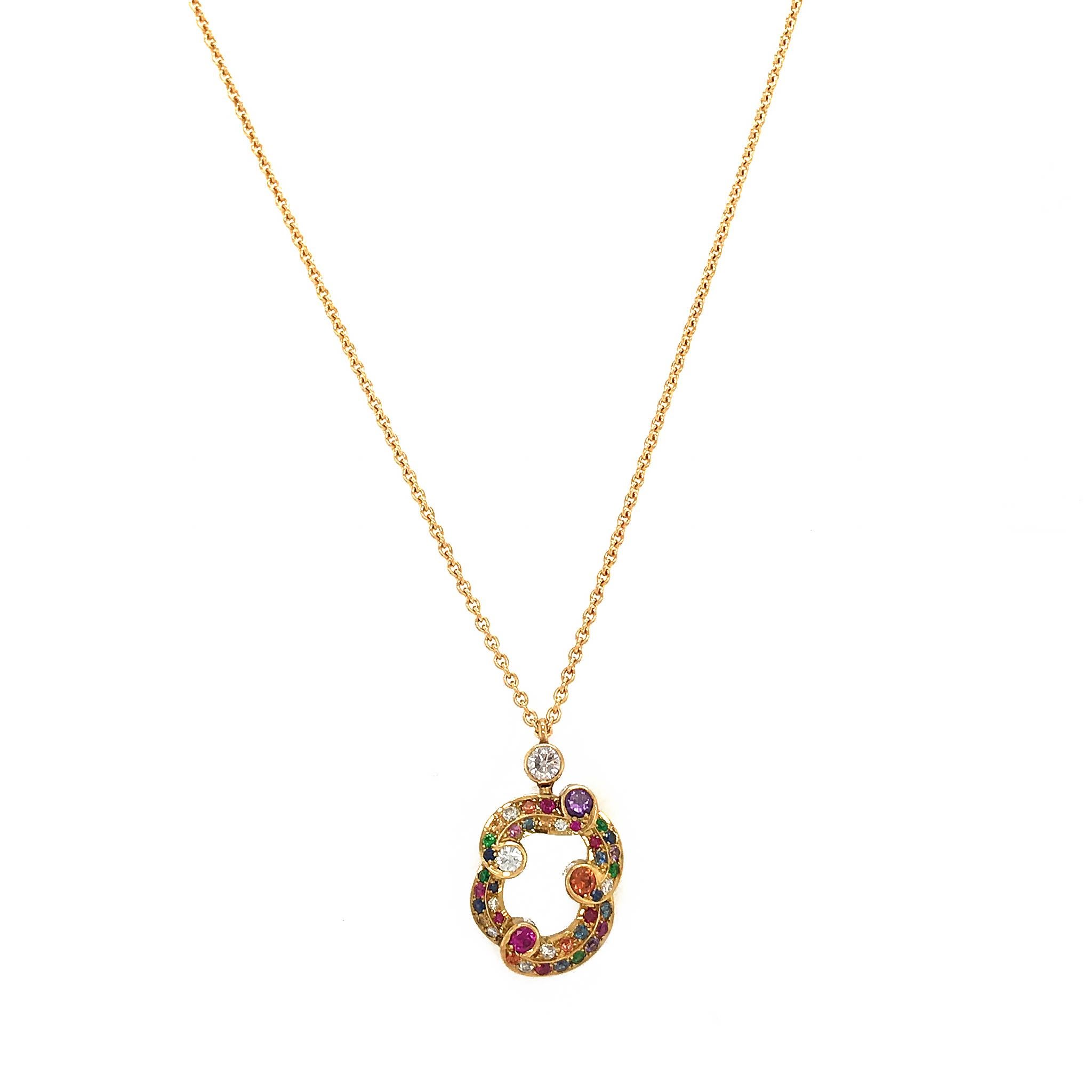 Round Cut Modern Fabergé Rococo 18 Karat Yellow Gold Multicolored Pendant Necklace For Sale