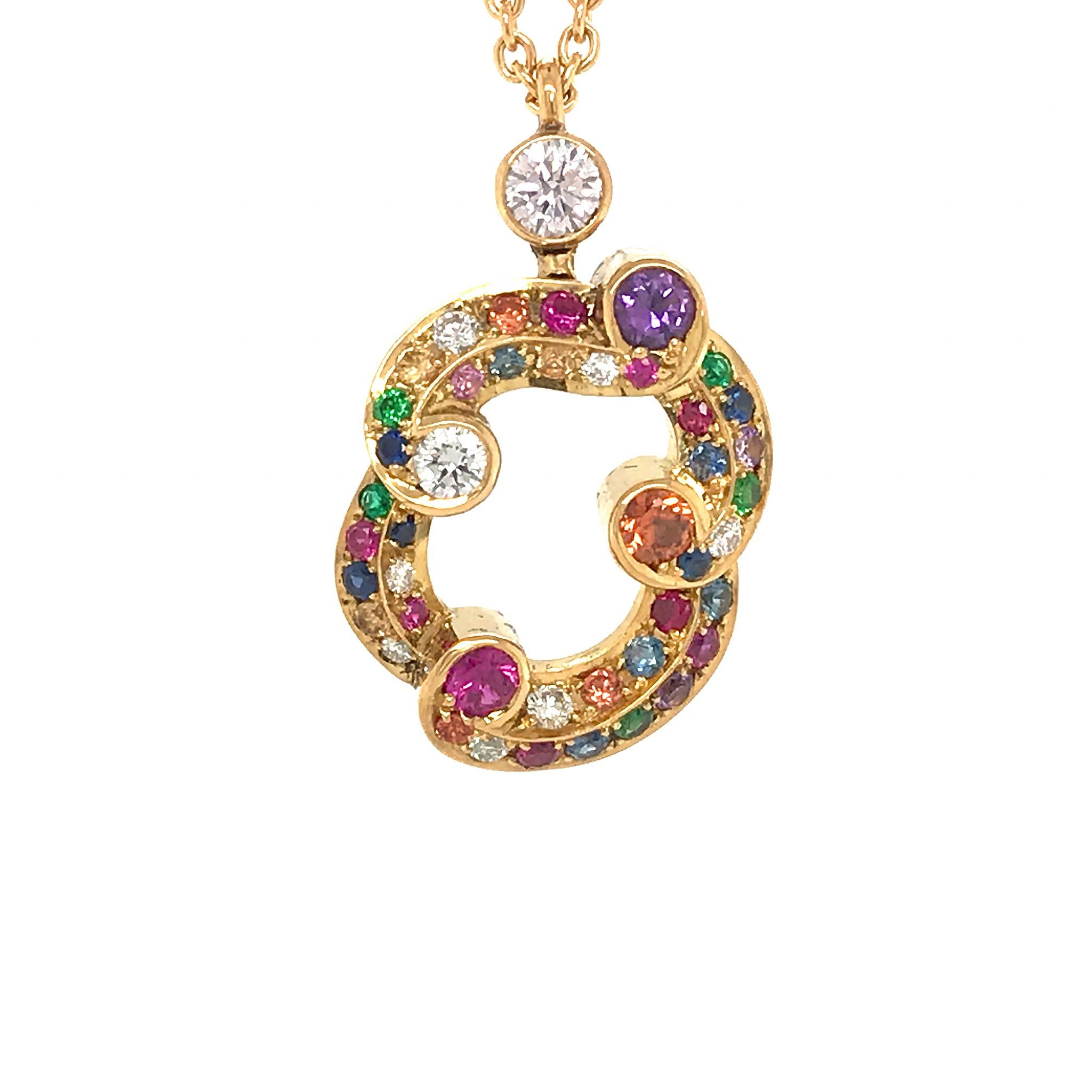 Modern Fabergé Rococo 18 Karat Yellow Gold Multicolored Pendant Necklace In Excellent Condition For Sale In New York, NY