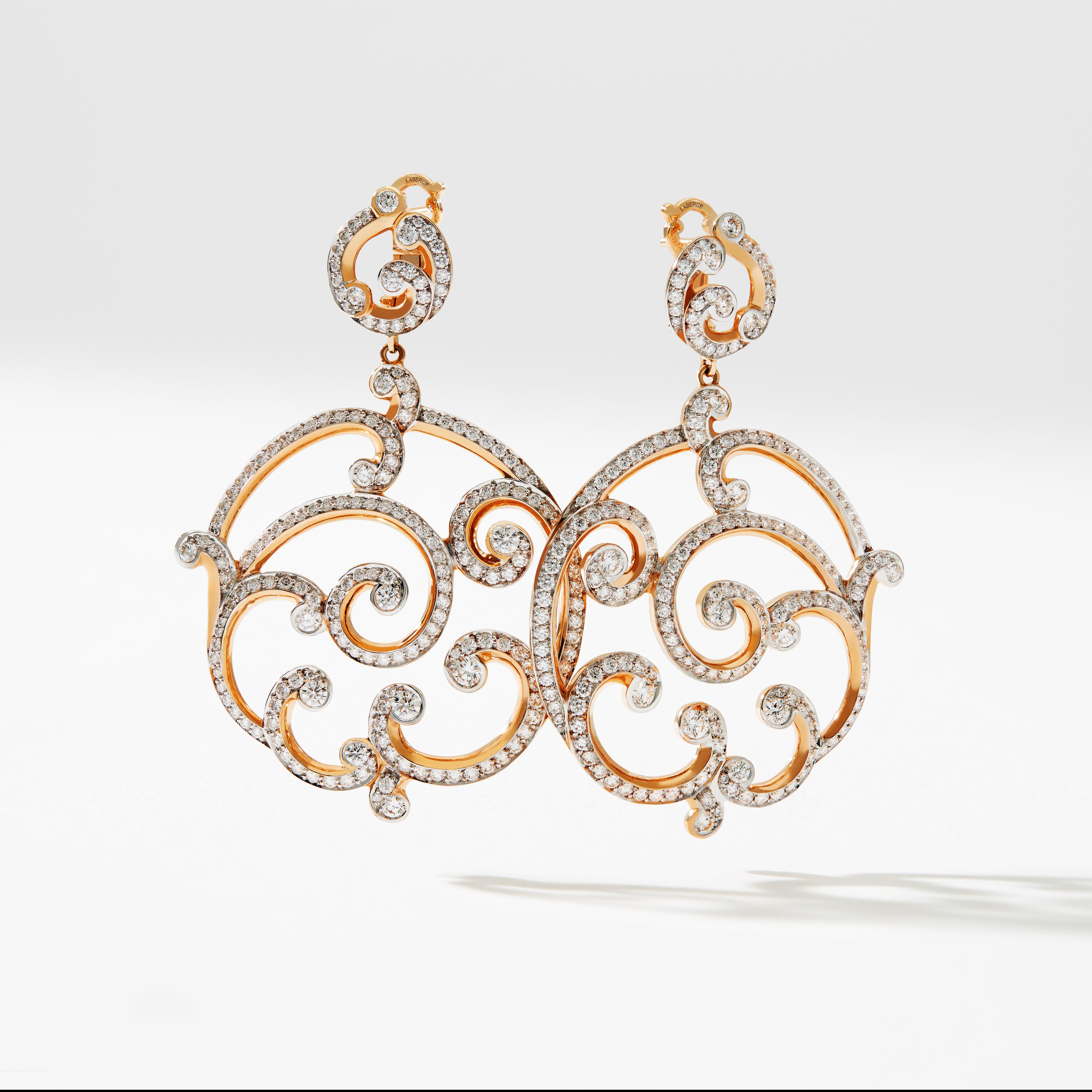 Round Cut Fabergé Rococo Rose Gold Diamond Grand Earrings For Sale
