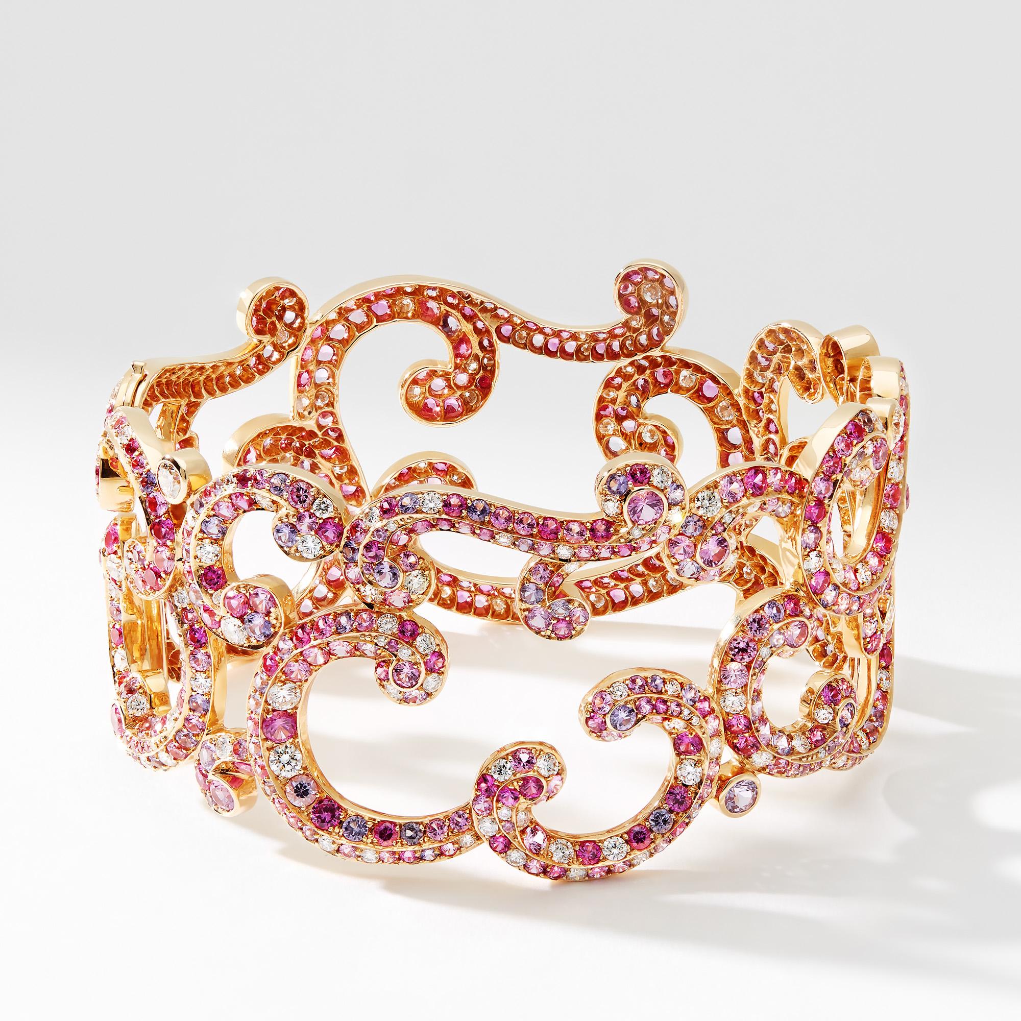 Fabergé Rococo Rose Gold Diamond & Pink & Purple Sapphire Bracelet In New Condition For Sale In London, GB
