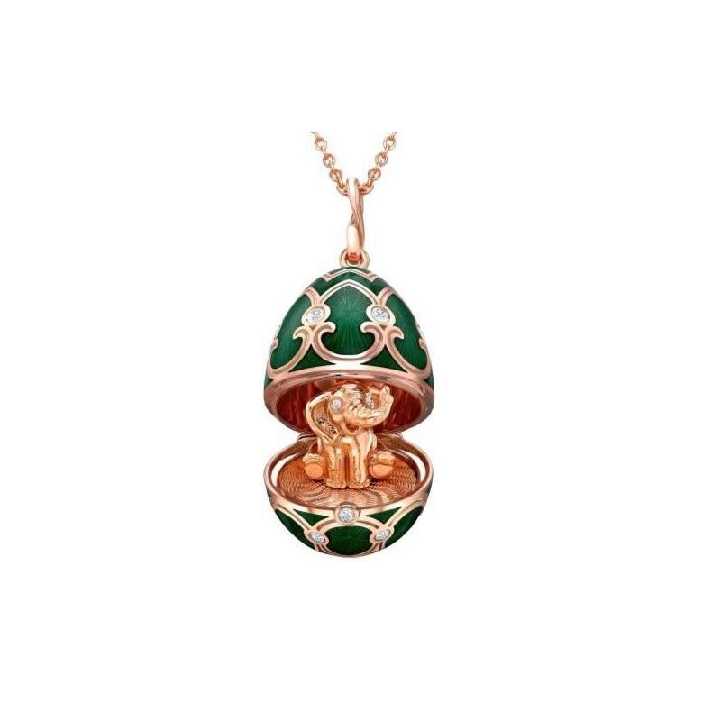 Fabergé Heritage Rose Gold Green Guilloché Enamel Elephant
Surprise Locket.
18k rose gold
17 round brilliant white diamonds 0.31ct (G VS+)
18k rose gold chain 50cm
egg size 22mm
1308FP2346