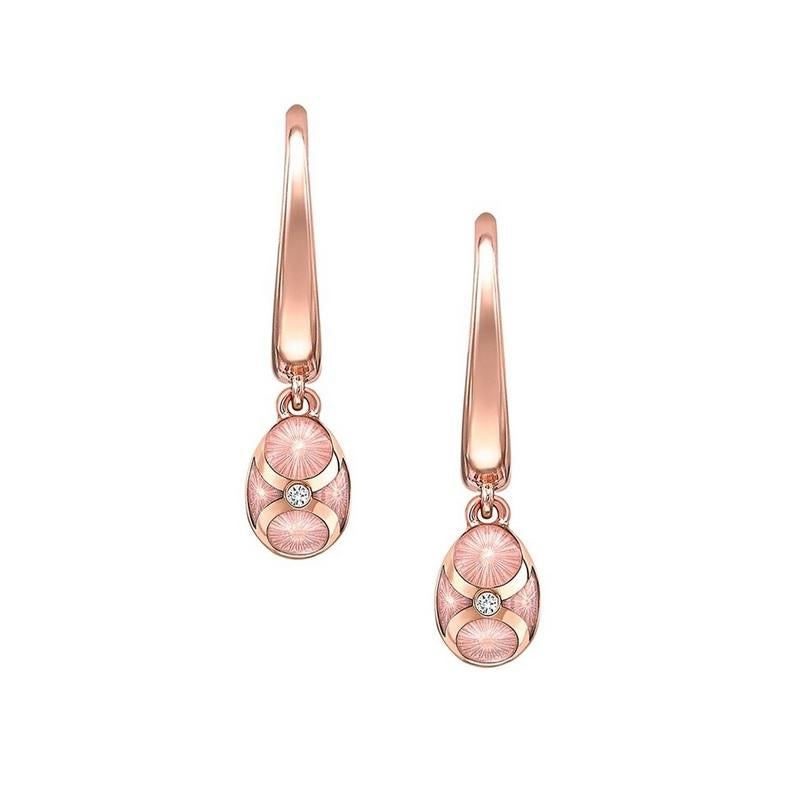 Fabergé Rose Gold Pink Guilloché Enamel Egg Hoop Drop Earrings 1316EA2391 In New Condition In Wilmington, DE