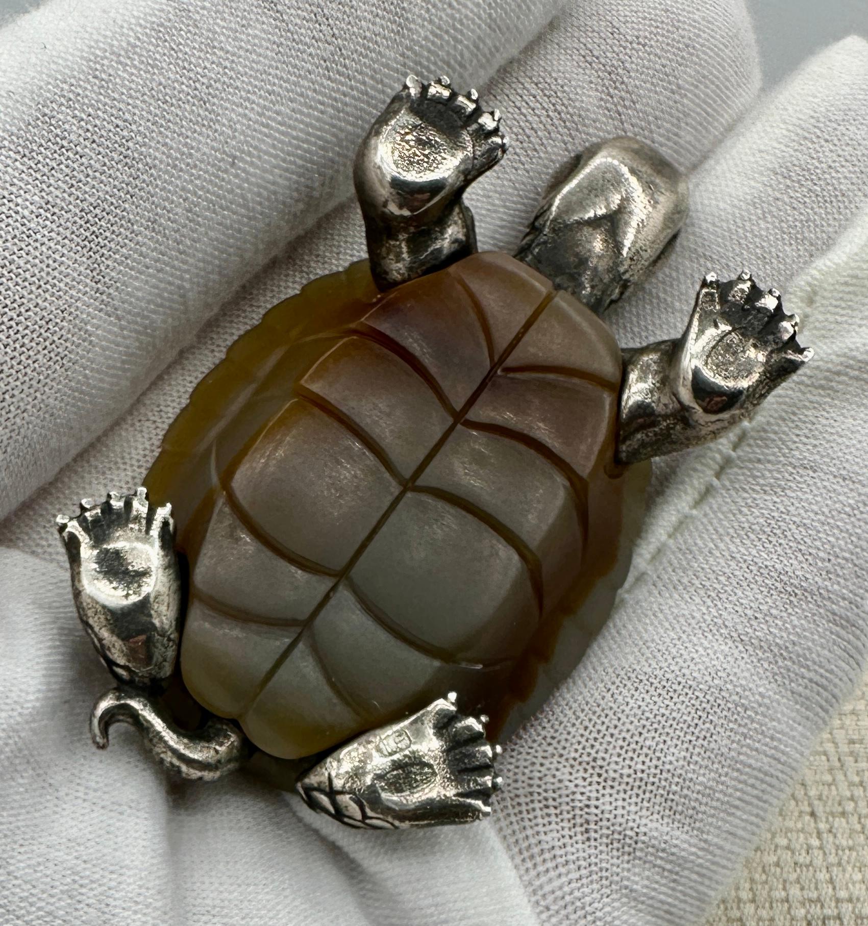 Faberge Ruby Agate Turtle Julius Rappoport Workmaster .875 Silver Tortoise 1910 For Sale 6
