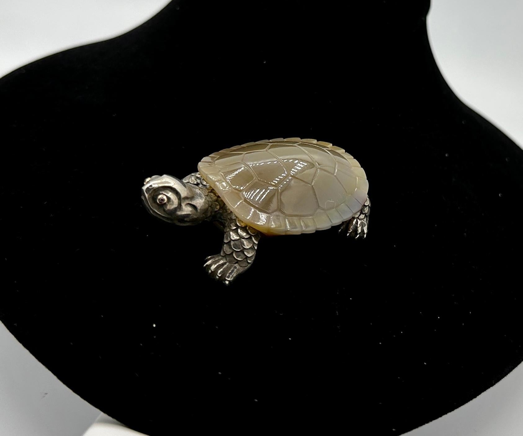 Mixed Cut Faberge Ruby Agate Turtle Julius Rappoport Workmaster .875 Silver Tortoise 1910 For Sale