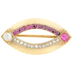 Fabergé Ruby and Diamond Set Brooch in Yellow Gold