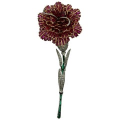 Vintage Fabergé Ruby, Emerald, and Diamond Flower Brooch