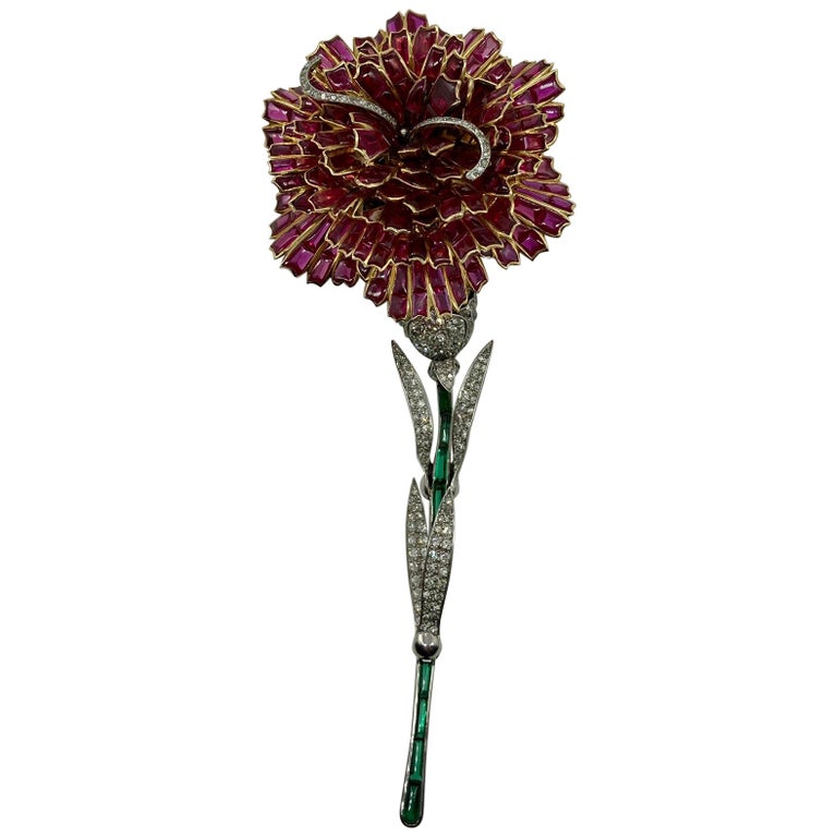 Fabergé Ruby, Emerald, and Diamond Flower Brooch For Sale