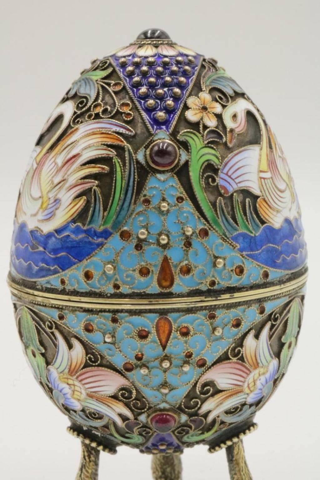 Faberge Russian 84 Silver, Enamel and Ruby Footed Egg In Excellent Condition In Washington Crossing, PA