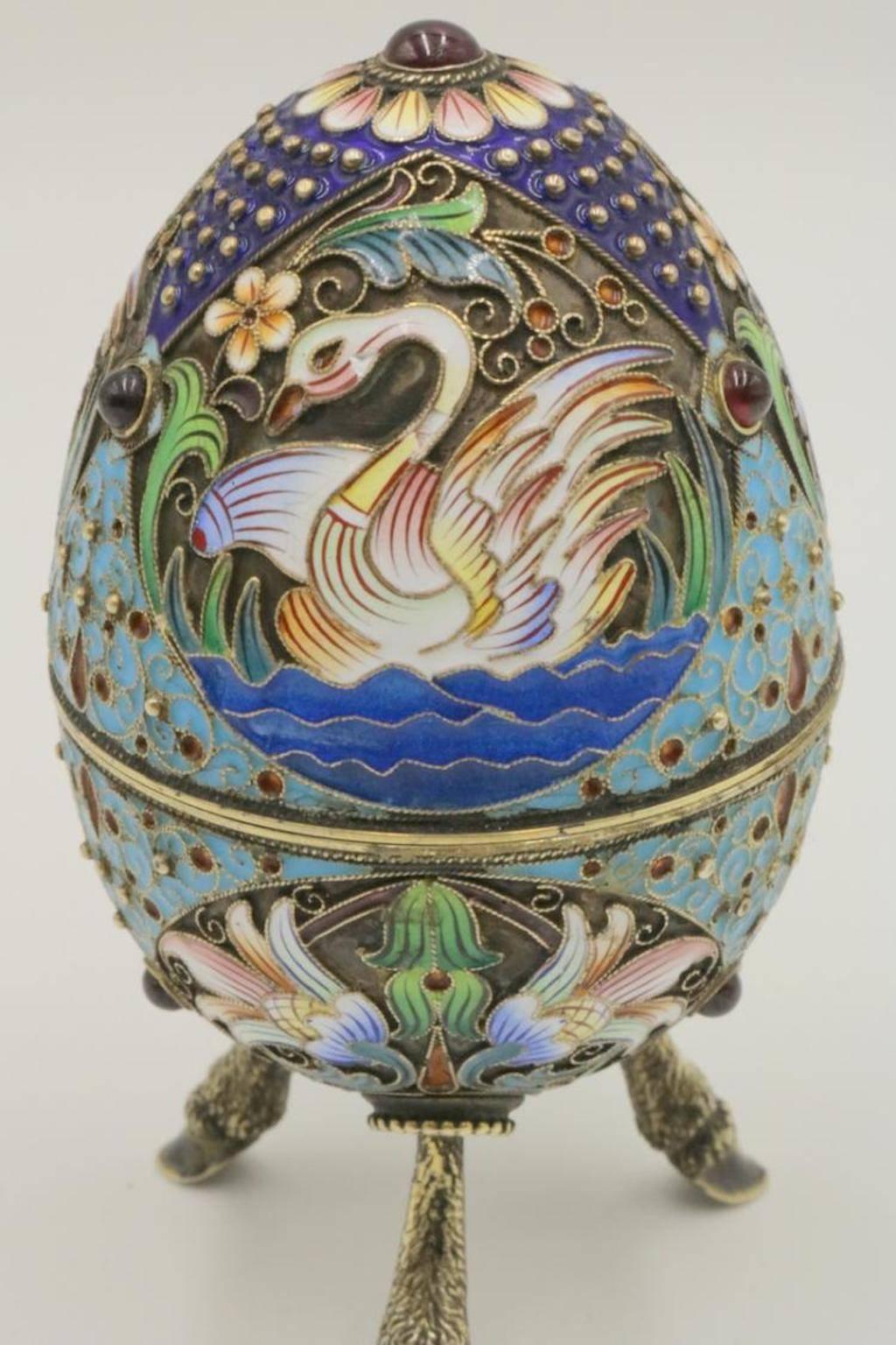 19th Century Faberge Russian 84 Silver, Enamel and Ruby Footed Egg