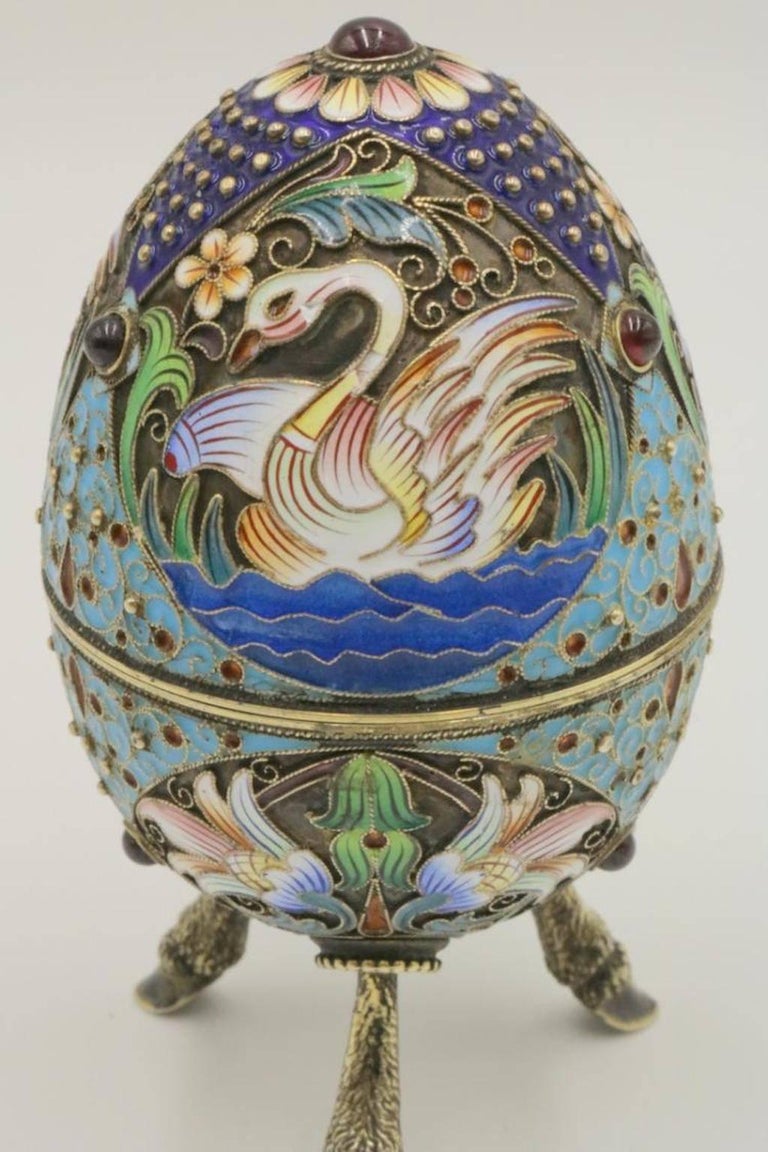 Faberge Russian 84 Silver, Enamel and Ruby Footed Egg at 1stDibs
