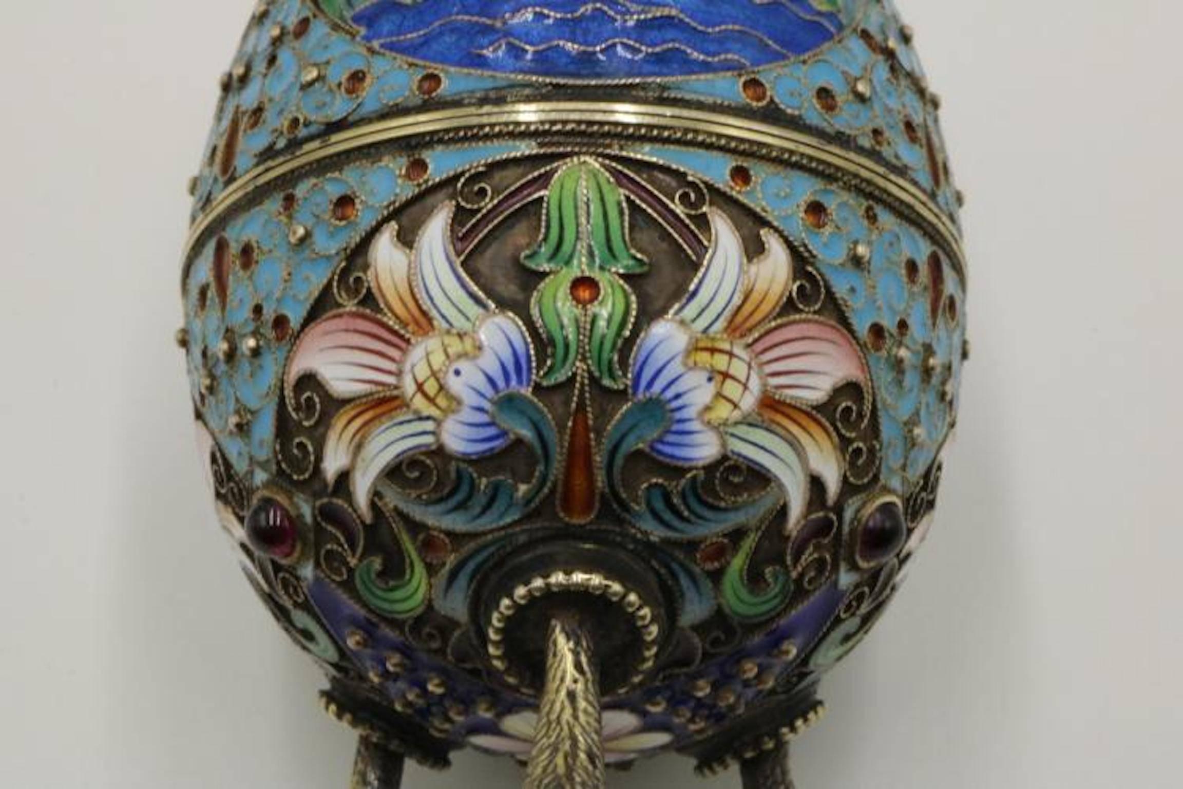 Faberge Russian 84 Silver, Enamel and Ruby Footed Egg 3