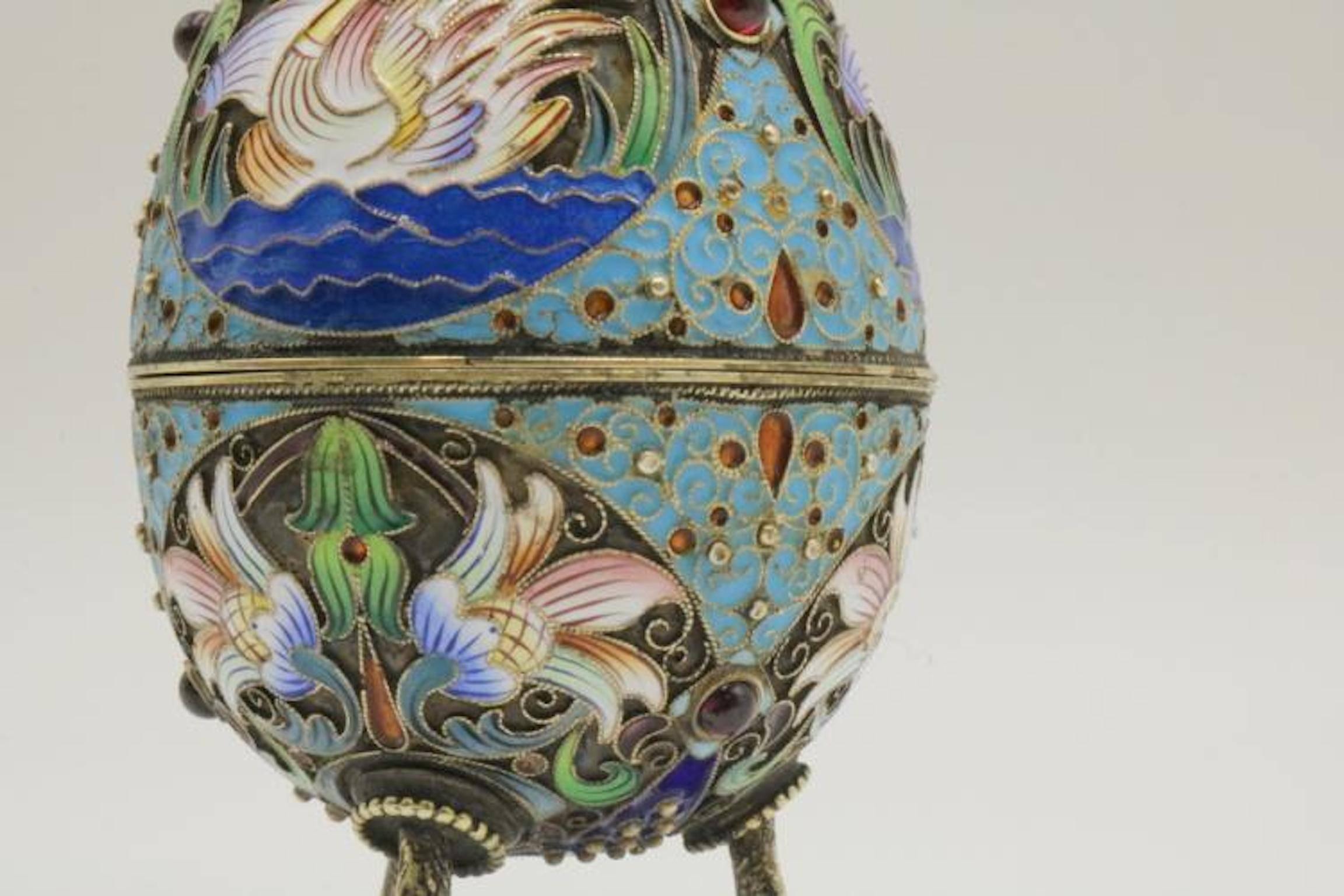 Faberge Russian 84 Silver, Enamel and Ruby Footed Egg 4