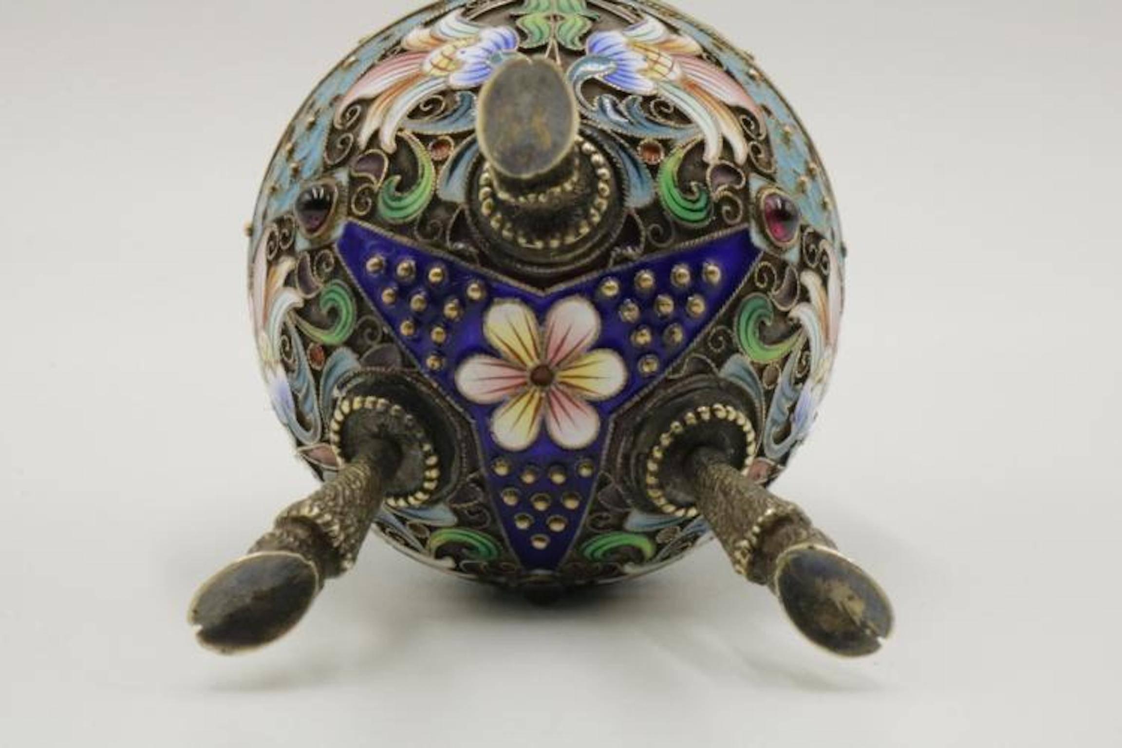 Faberge Russian 84 Silver, Enamel and Ruby Footed Egg 5