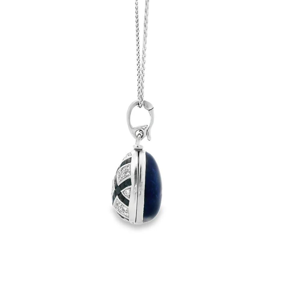 Russian Revival Fabergé Sapphire and Diamond 18 Karat White Gold Enamel Egg Pendant