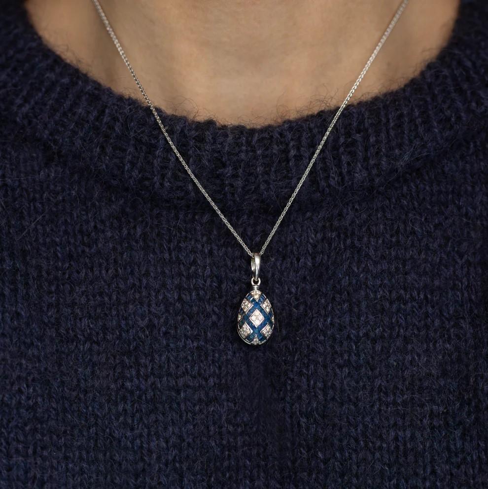 Round Cut Fabergé Sapphire and Diamond 18 Karat White Gold Enamel Egg Pendant