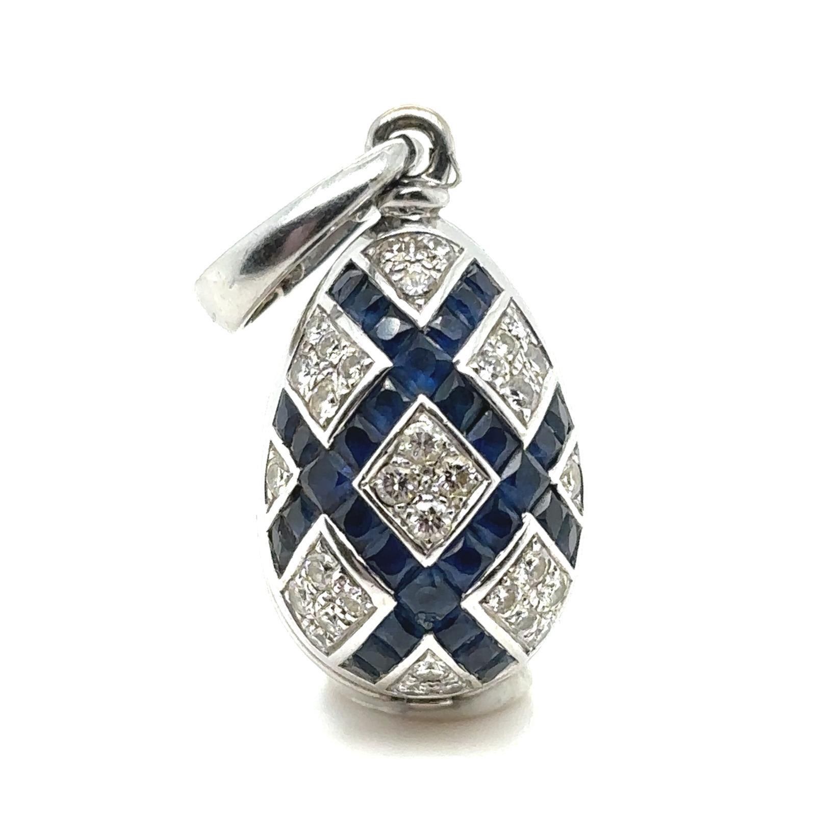 Fabergé Sapphire and Diamond 18 Karat White Gold Enamel Egg Pendant In Good Condition In London, GB
