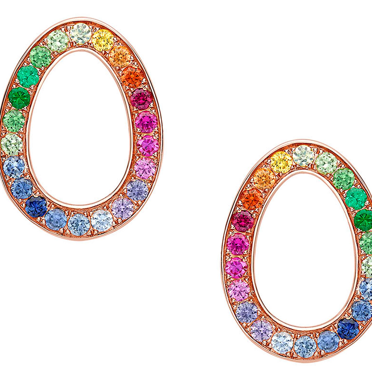 These striking Colours of Love Sasha Rose Gold Rainbow Egg Stud Earrings feature an array of emeralds, sapphires, garnets, rubies and tsavorites. The earrings are set in 18kt rose gold and are 12x9mm in size. In keeping with Fabergé's fondness for