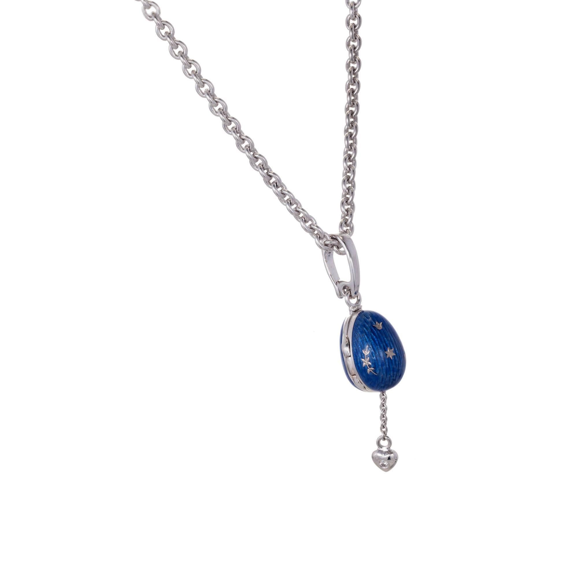 Round Cut Fabergé Secret Heart Blue Egg Gold Pendant Necklace