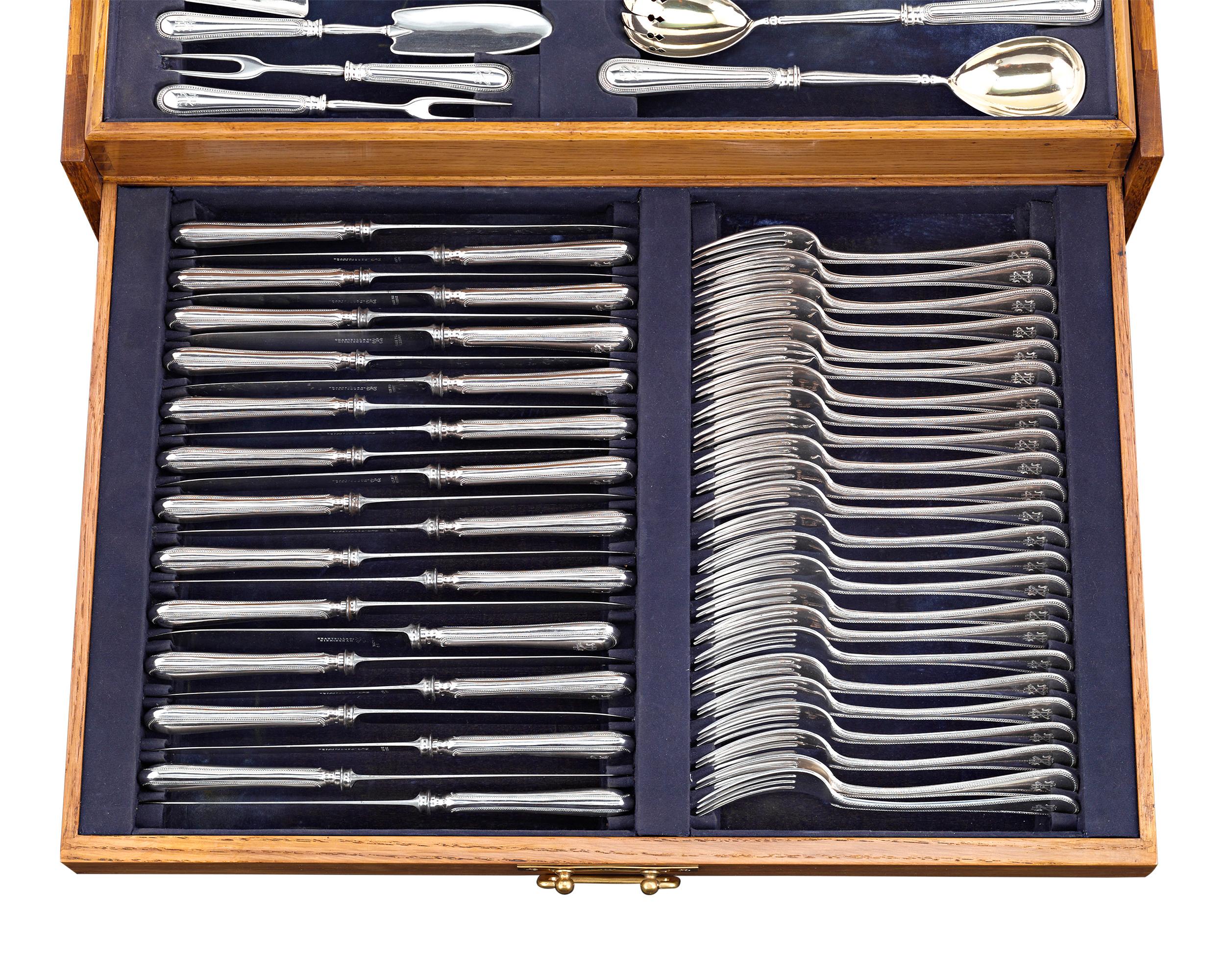 Fabergé silver is regarded as the highest form of Continental silver in terms of artistry and opulence. This rare 197-piece parcel-gilt silver flatware service for 24 was produced by the firm’s legendary workshop in Moscow, a city that was long