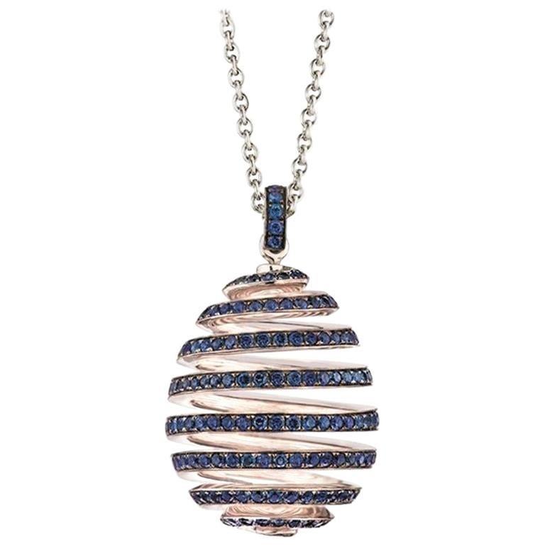 Fabergé Imperial White Gold Pavé Blue Sapphire Spiral Egg Pendant For Sale