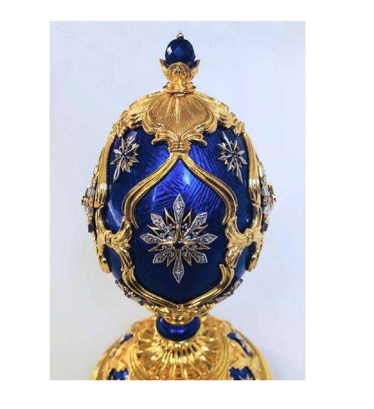 Russian Faberge Sterling Silver and Diamond Inlaid Musical Egg