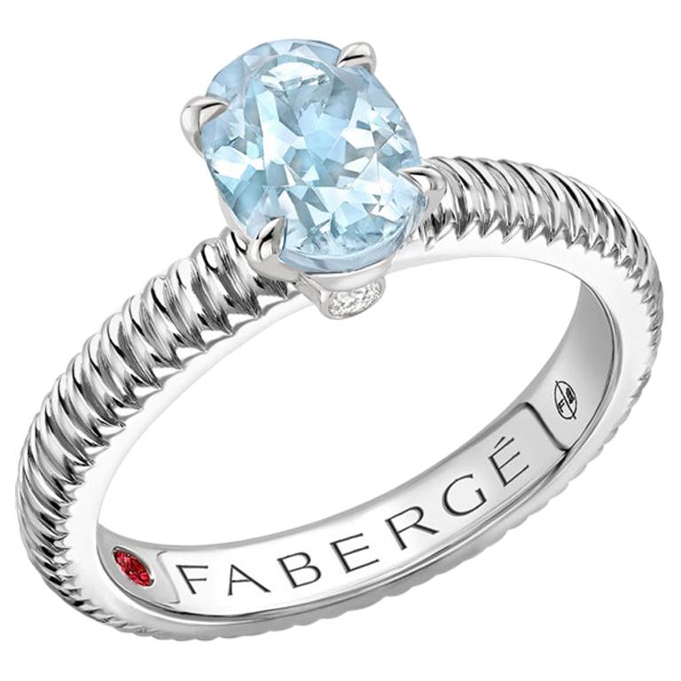 Fabergé Sterling Silver Oval Aquamarine Fluted Ring, US Clients For Sale