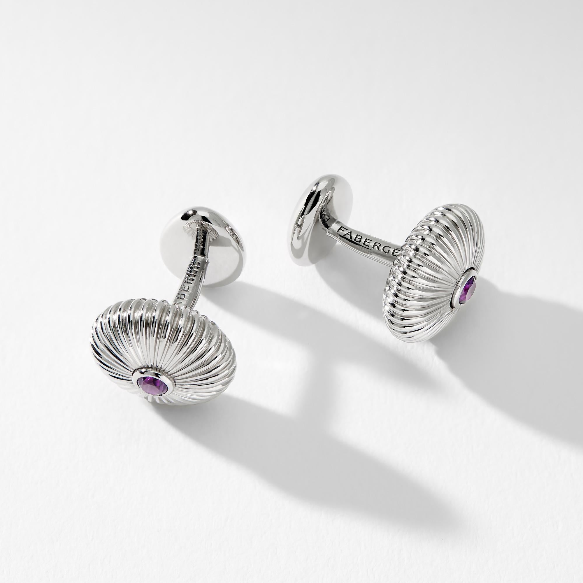 Round Cut Fabergé Sterling Silver Round Fluted Cufflinks with Amethyst For Sale